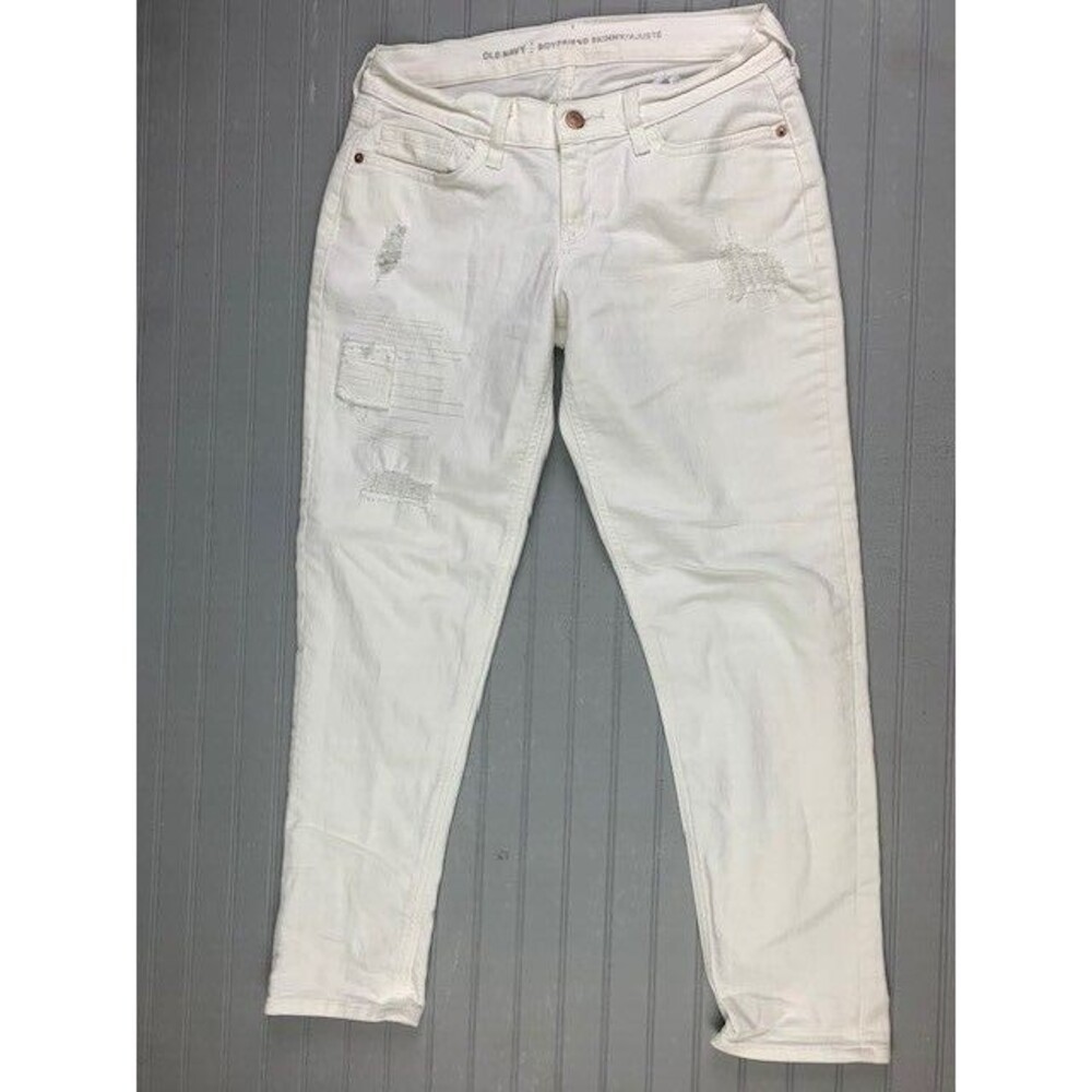 Old Navy Size 0 Womens White Jeans Boyfriend Skinny Low Rise Stretch Distressed